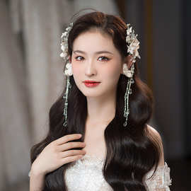 2023新款灿美新娘头饰韩式花朵超仙手工水晶流苏发夹耳环套装结婚