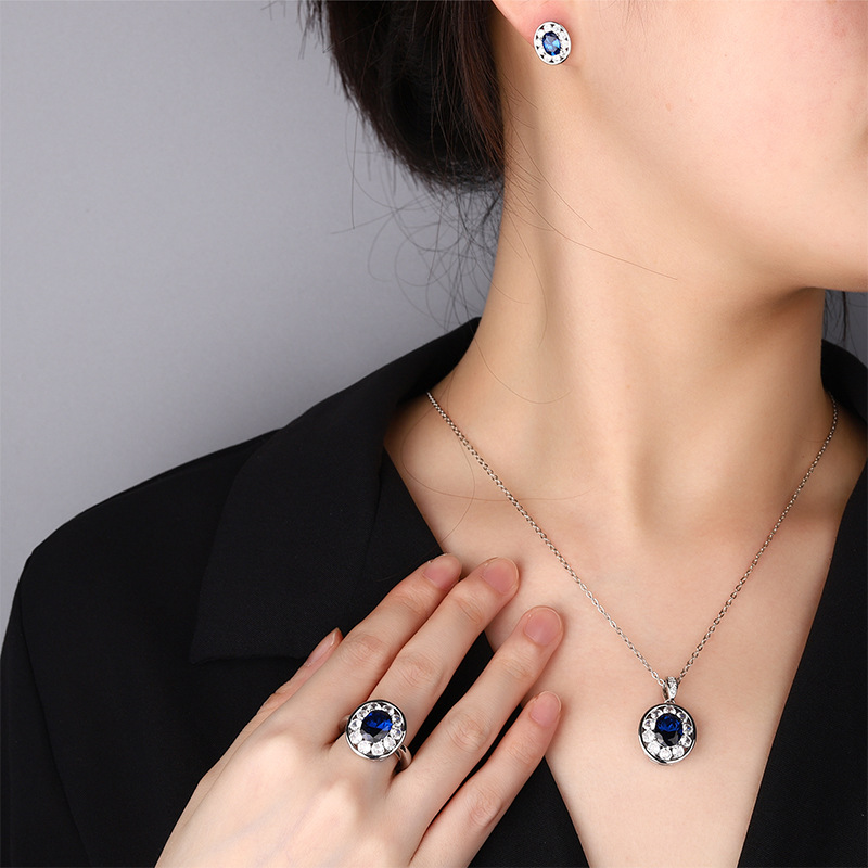 2024 nueva joyería Zhuang Shengsheng fondo de cobre chapado en oro simulación retro cristal puntiagudo azul conjunto ovalado 8*10-6*8