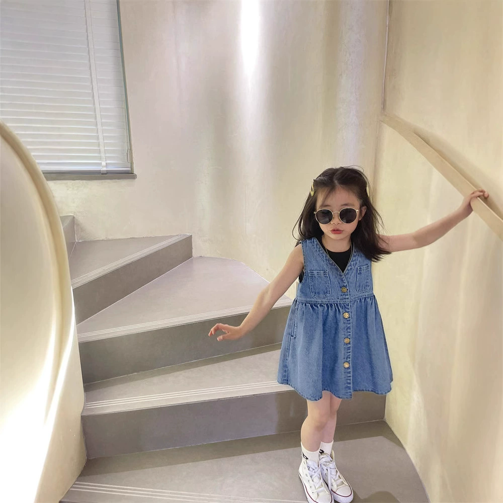 Set, sleevless dress, skirt, summer clothing, children's summer denim summer dress, western style