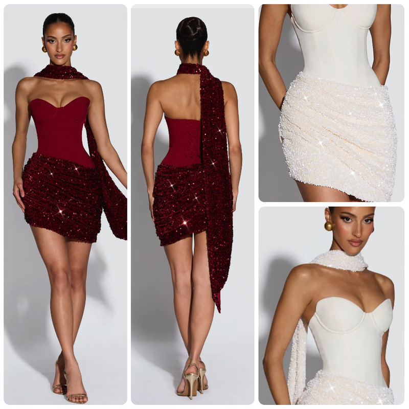 2025 European and American Style Halter Neck Sequin Dress, Sexy Slim Fit Bodycon Dress, Banquet Party Annual Meeting Dress