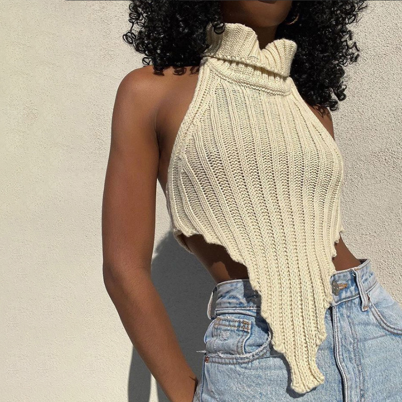 Amazon Europe and America Sexy Backless Solid Color High Neck Irregular Knitted Vest 2024 Summer Slim Foreign Trade Sweater