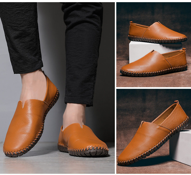 Giày lười nam da bò lớp đầu cỡ lớn, kiểu slip-on mũi tròn, đế bệt — 955 Trắng đục lỗ, 955 lỗ màu nâu, 955 lỗ màu đen, 955 màu xanh lam chi tiết 18