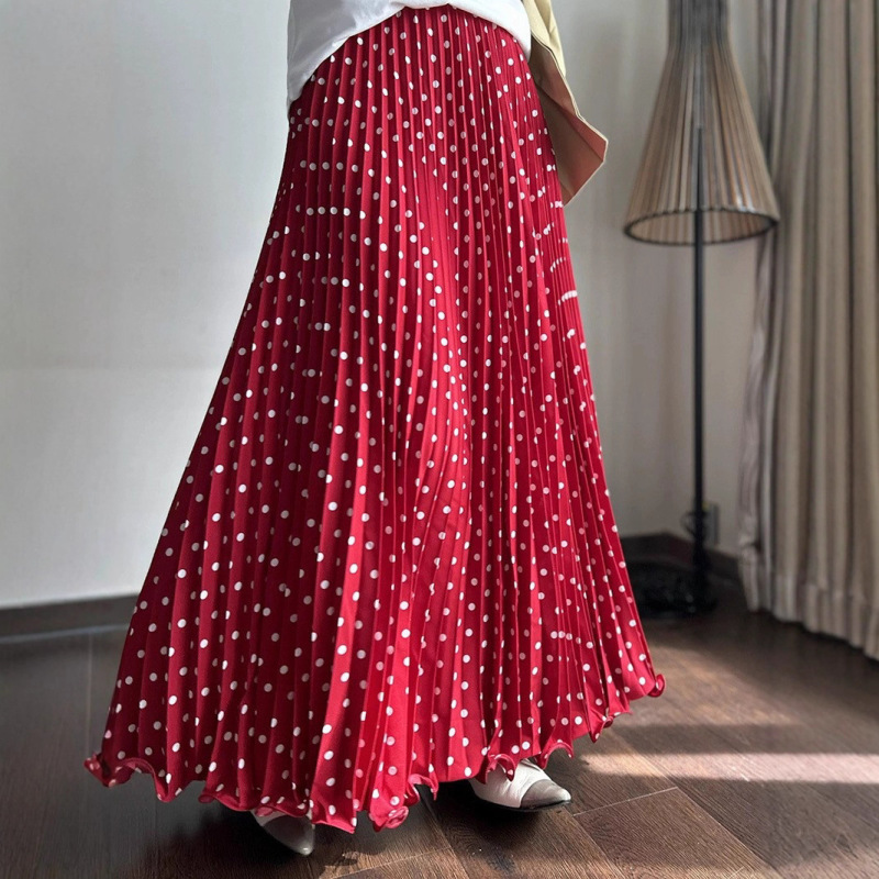 Foreign Trade Chiffon Pleated Polka Dot Skirt, Versatile High-Waisted Slimming Look Wavy Skirt, Elegant A-Line Long Skirt