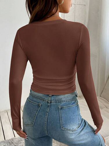 European and American Spring and Summer New V-Neck Shoulder-Strap Dual-Wear Design Sensory Fitted Pleated Irregular Long-Sleeve T-Shirt