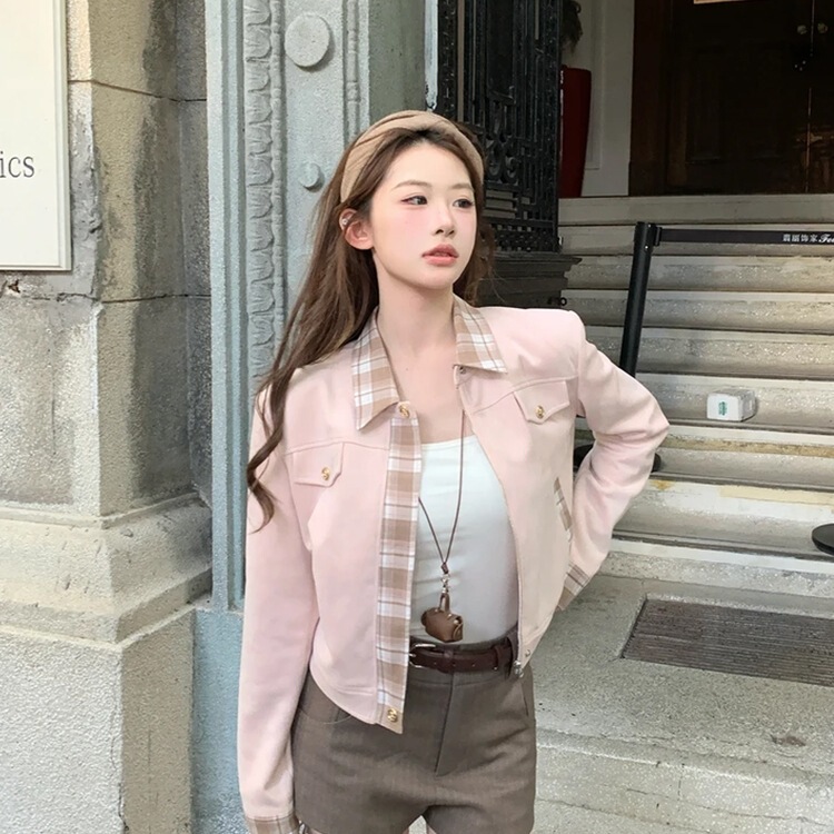 莉莉子多伦多秋日 粉色翻领撞色百搭长袖外套女气质显瘦格纹夹克|undefined