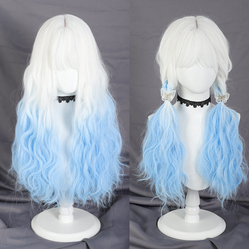 Lolita milk fu fairy tale wind white blue gradient wool roll cute long curly hair wig milk blue wool roll head cover