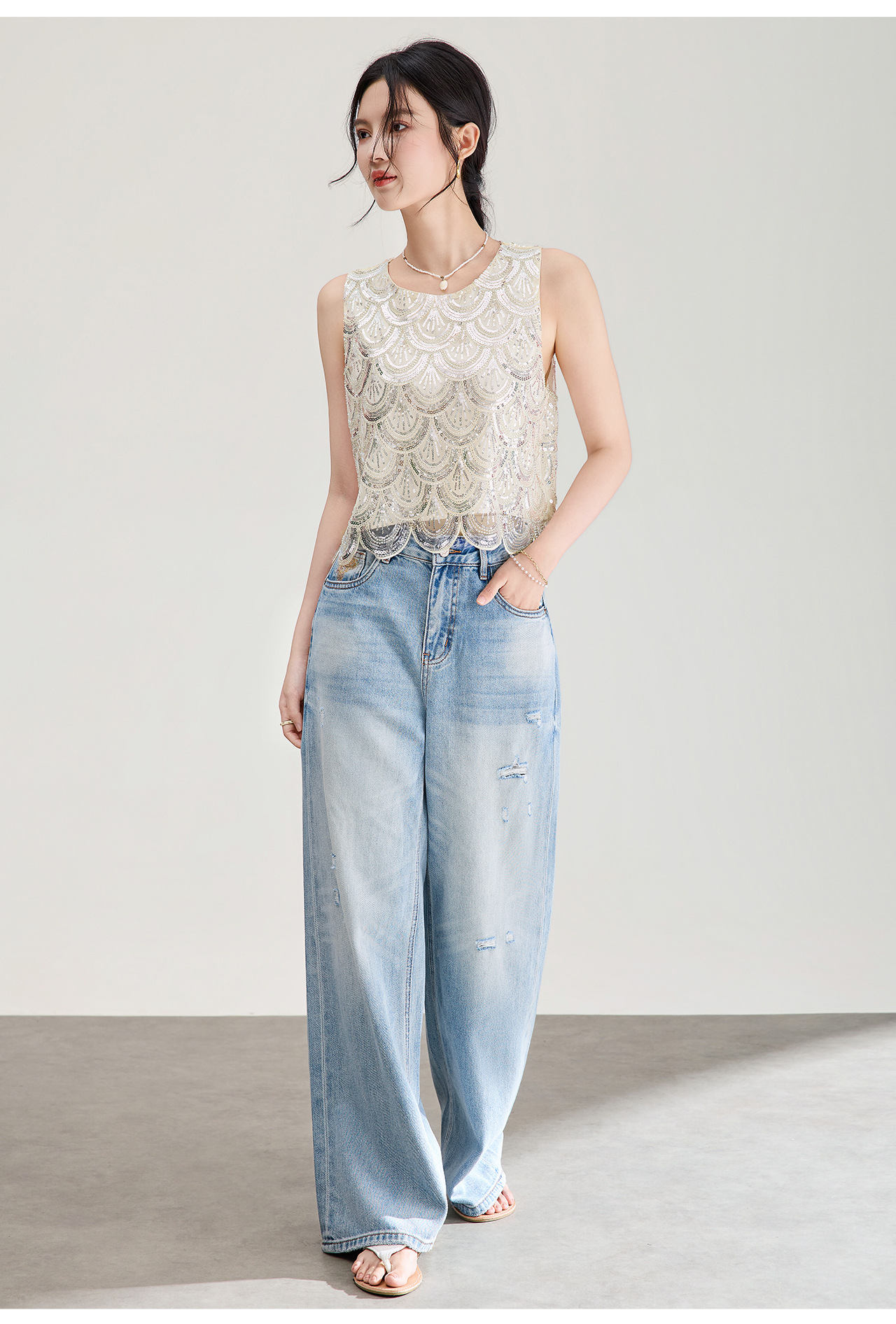 Áo hai dây nữ đính cườm sequin cao cấp phong cách Pháp — màu đen chi tiết 21