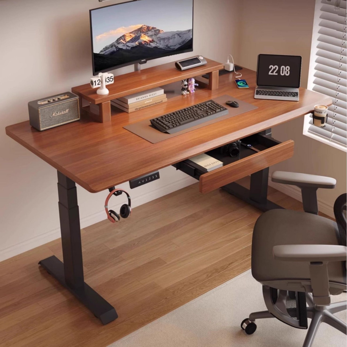 Smart Solid Wood Electric Lift Table Home Desktop Office Computer Table Study Table Desk Can Be Lifted with Drawers