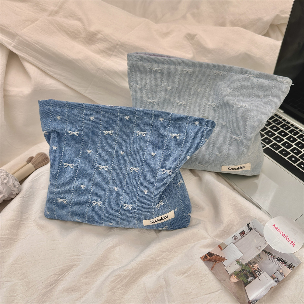 416g Weight Canvas Lining Material Zipper Closure Type / Strap Type Cosmetic Bag Bags Type Holiday, Travel, Daily Occasion Denim Material Bag, Cattle, Knot, Butterfly, Bow Knot Pattern All Seasons Season Women's Gender Cute Style Square Shape Cute Bag Cattle Knot Denim Square Makeup Bags 14