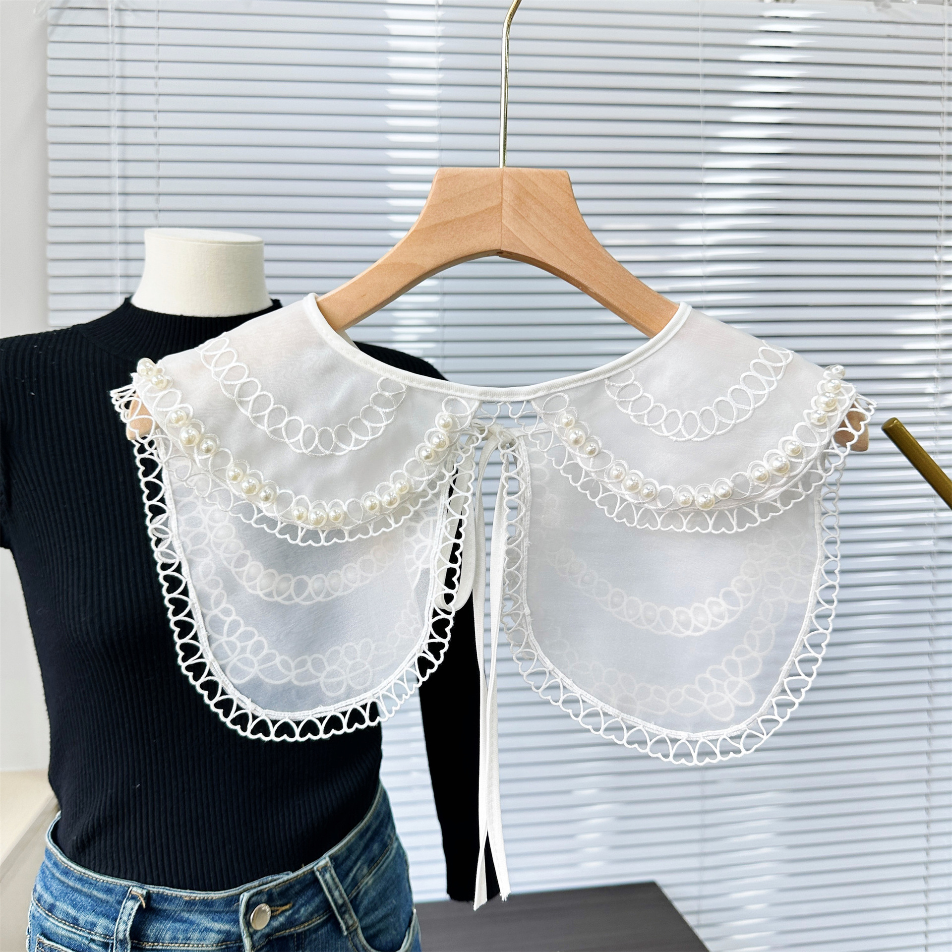 Japonés encaje pequeño chal suéter camisa collar todo fósforo collar moda organza perla encaje collar Flor al por mayor image 4