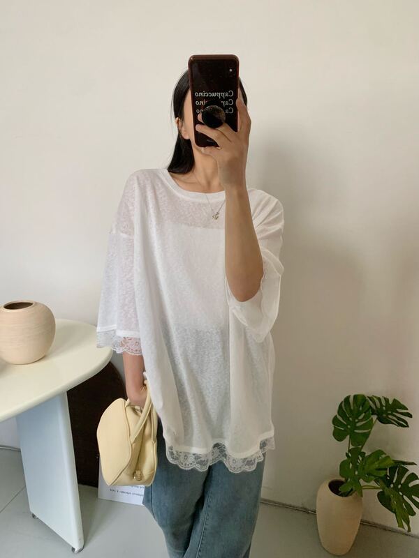 Original Export Surplus Lace Trim Thin Short-Sleeve T-Shirt for Women, Loose Mid-Length Top That Covers the Flesh
