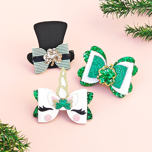 Irish Day Clover Hat Bow Hair Clip St. Patrick's Day Greeting Unicorn Full Cover Clip