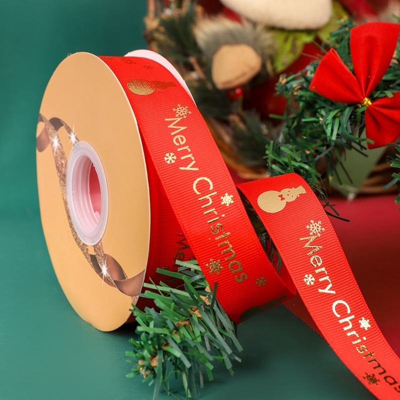 クリスマスリボン卸売 2.5cm クリスマスリボン メリークリスマス文字金箔入りリボン|undefined