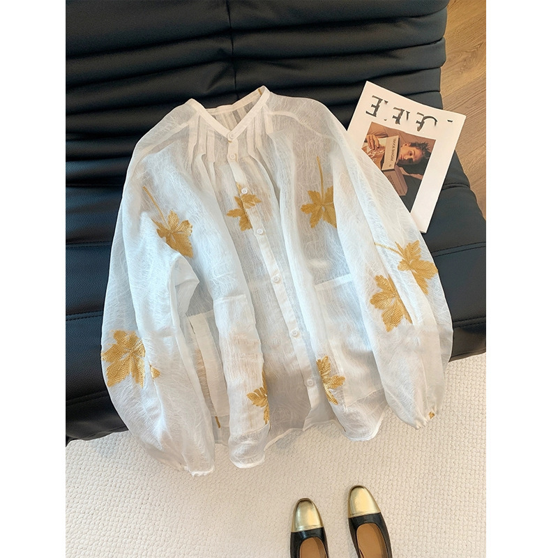 新中式系带刺绣花朵白色亚麻衬衫2025新款女复古时尚宽松气质上衣|undefined