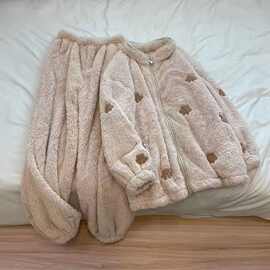 秋冬季可爱睡衣长毛绒开衫拉链加绒加厚保暖睡衣女生冬家居服套装
