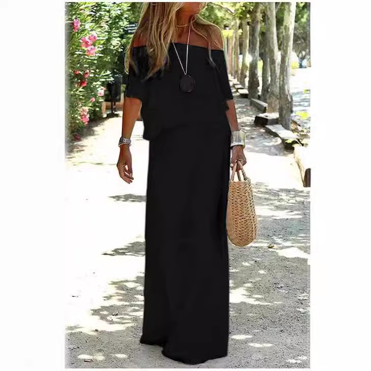 2023 European and American cross-border summer new casual solid color off-shoulder elastic waist short sleeve long dress Q212 2023 European and American cross-border summer new casual solid color off-shoulder elastic waist short sleeve long dress Q212