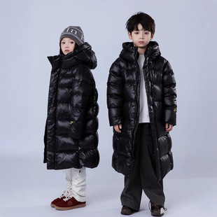 Children's Down Jacket New Korean Style Boys and Girls Middle and Big Children's Black Gold Jacket Long Knee-length Thickened Hooded Children's Wear