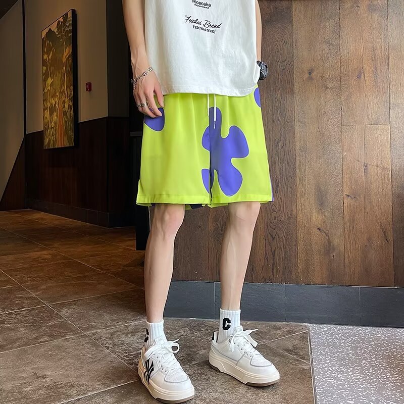 Círculos animados de fresa oso pantalones cortos de hombre de verano sueltos casa pijamas casuales pareja vacaciones de playa pantalones