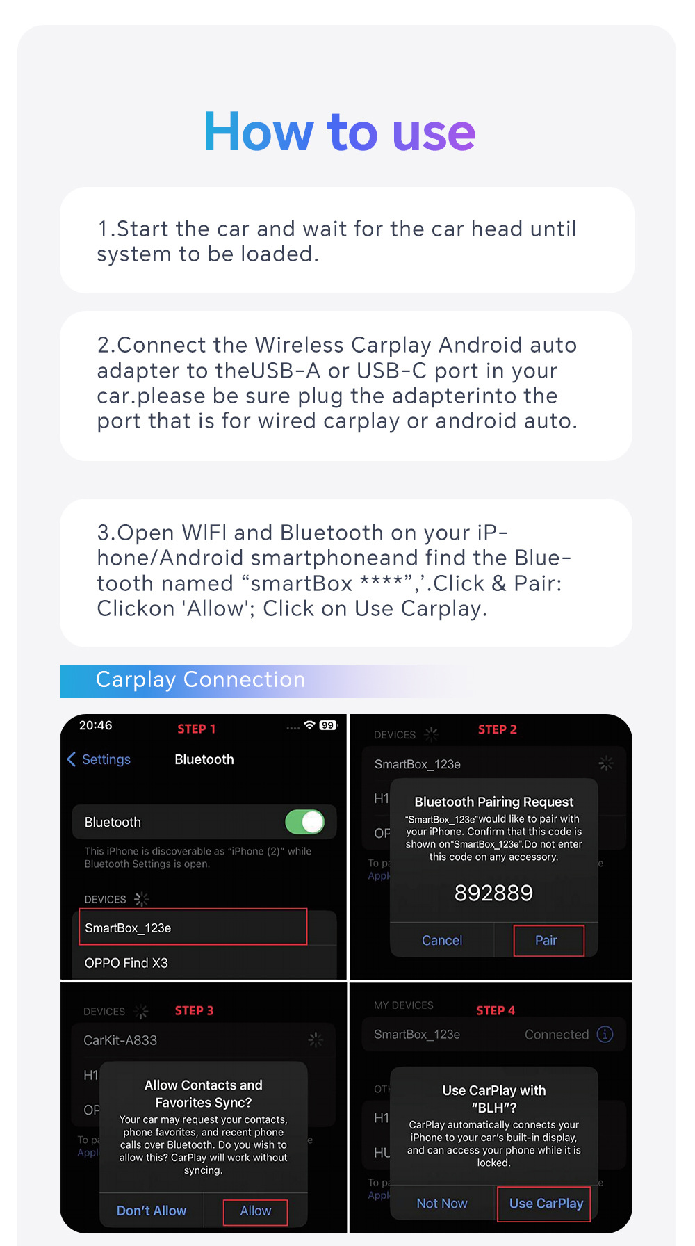 Wired to Wireless Apple Carplay Box Mini Plug-In Android Adapter Bluetooth Automatic Connection