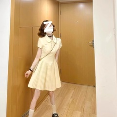 2025 新フレンチ初恋半袖ポロドレスウエスト痩身小柄な A ラインプリーツスカート女性の夏