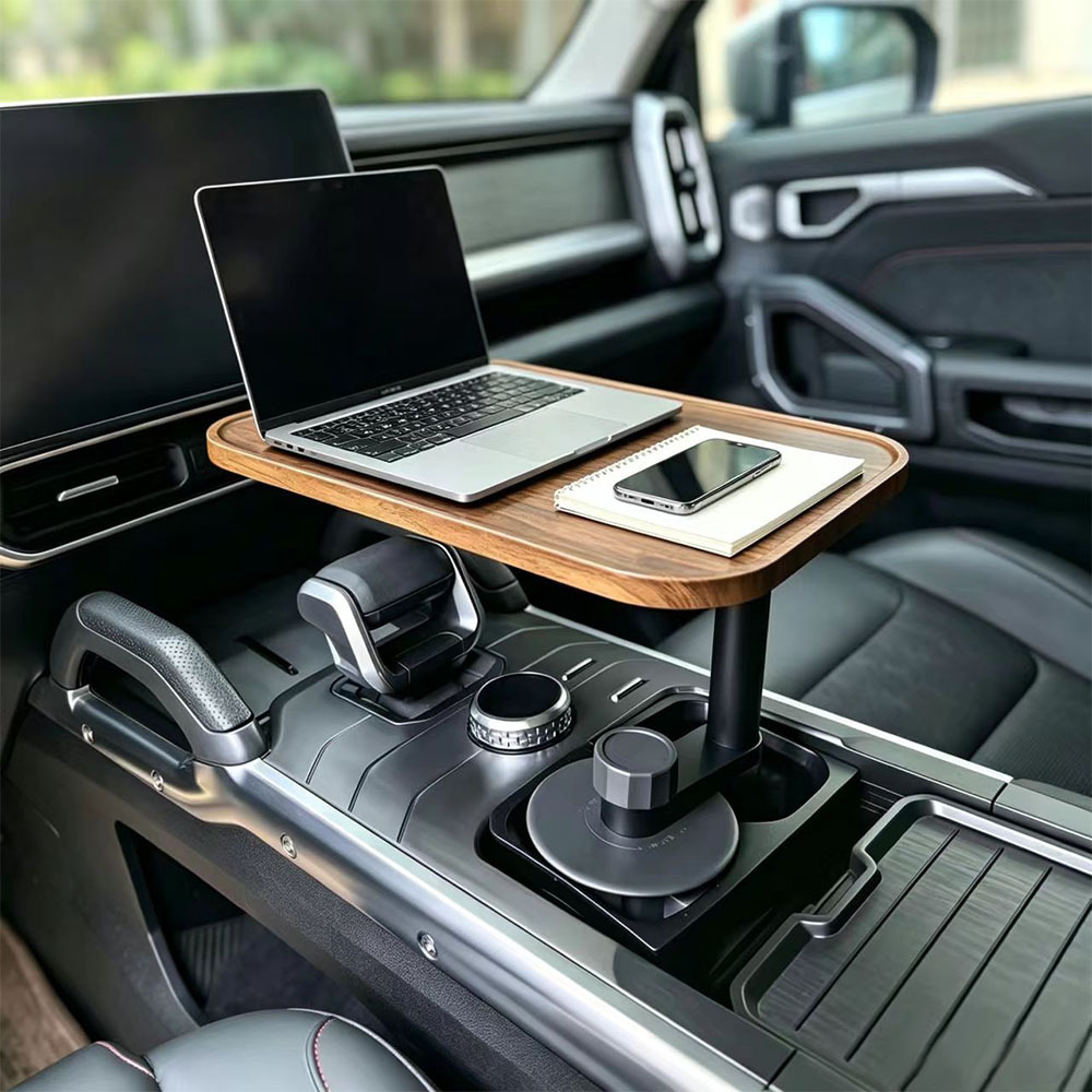 New wooden in-car floating tray with aluminum alloy base, ideal for Tesla and other universal cars, cup holder tray