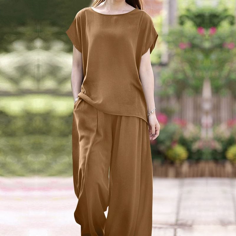 2024 Cross-border Independent Station Women's Summer 2-piece Set Fashionable Short-sleeved Shirt and Wide-leg Pants Loose Sportswear