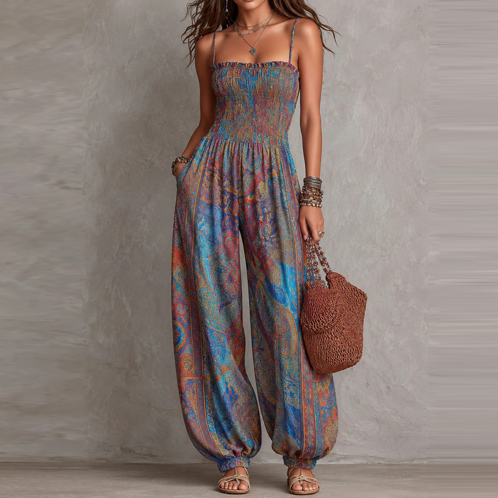 Cross-Border European and American 2026 Spring/Summer New Bohemian Style Amber Paisley Retro Print Suspender Jumpsuit for Women