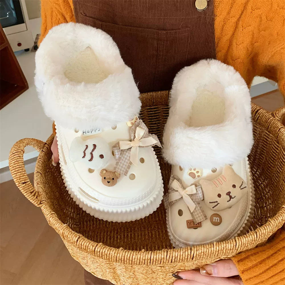 Зимние женские хлопковые туфли в стиле инс с бантом, перфорированные, на флисовой подкладке, теплые, на толстой подошве, для улицы, плюшевые, модные.