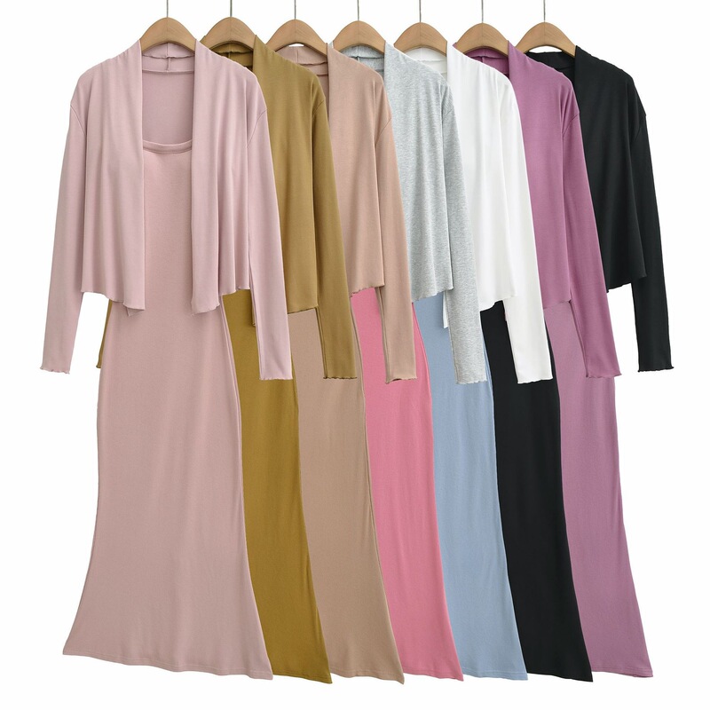 Purely desirable style irregular shawl jacket and pink camisole dress two-piece set for women, summer waist-cinching bodycon long dress