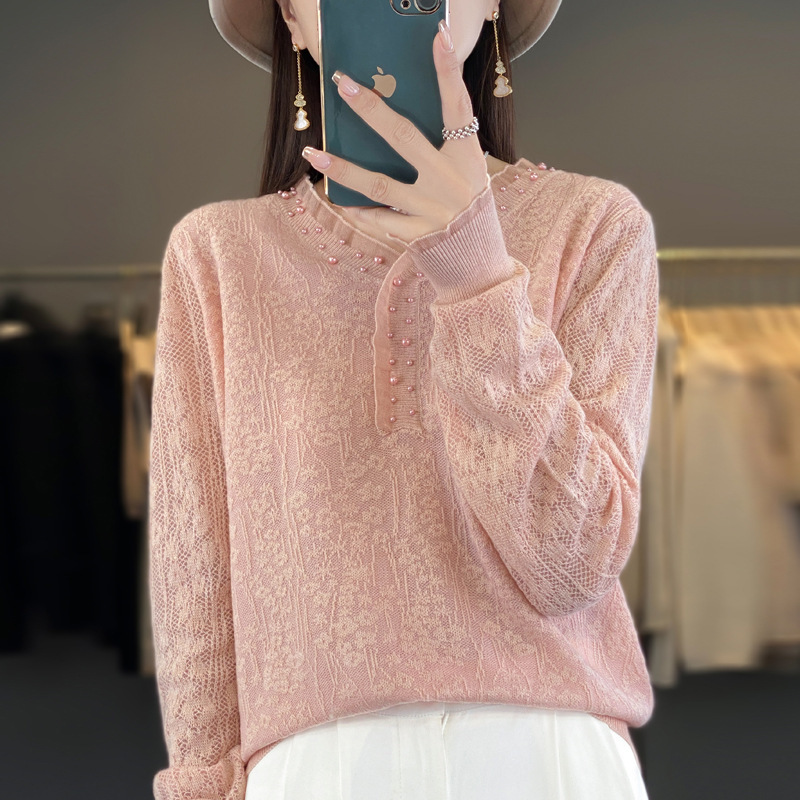 一件代发精纺羊毛2026秋冬新女短款V领蕾丝花边宽松钉珠打底衫针