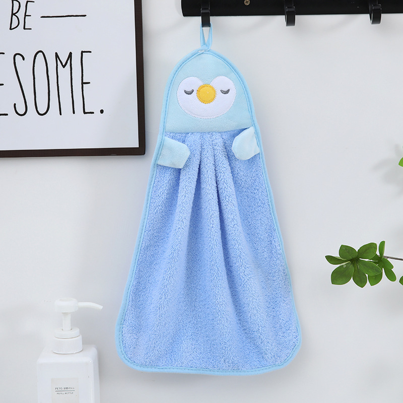 Blue Grey Penguin Yellow Duck Hanging Towel Kitchen Wipe Coral Fleece Embroidery