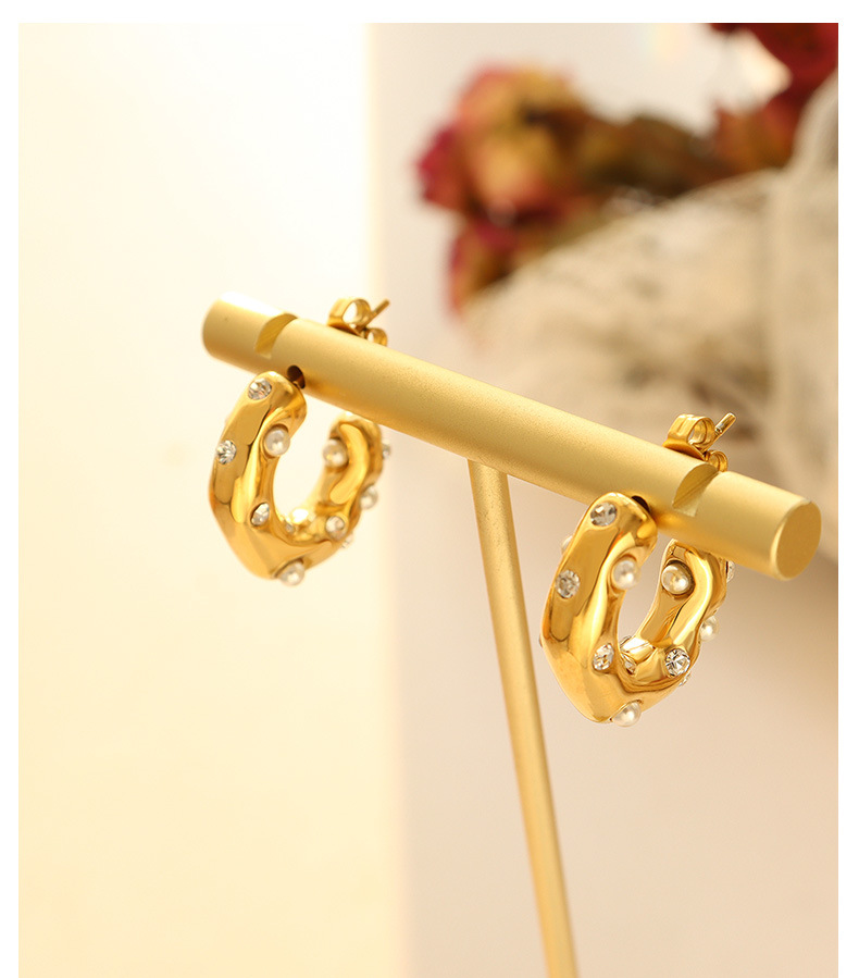 Imitation Pearl Zircon Minimalist C-type Spring Female Earrings Titanium Steel display picture 4