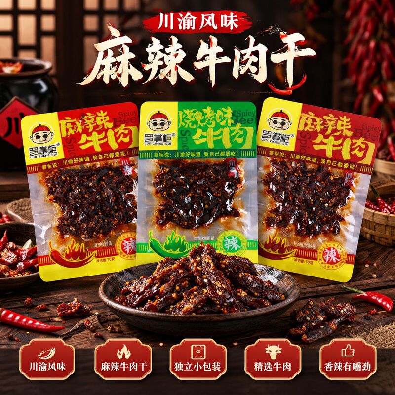 Ma La Beef Snacks by Shopkeeper Luo: Spicy Beef Jerky, Perfect for Relaxing, Watching TV Shows, and Office Snacking. Wholesale from the Manufacturer Ma La Beef Snacks by Shopkeeper Luo: Spicy Beef Jerky, Perfect for Relaxing, Watching TV Shows, and Office Snacking. Wholesale from the Manufacturer