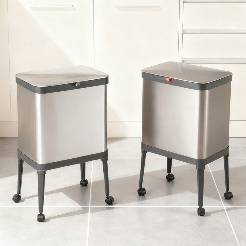 Carefully Selected Stainless Steel High-Legged Trash Can with Wheels for Home Use, Square Sanitary Bin with Lid, Mobile Narrow Gap Waste Paper Basket Carefully Selected Stainless Steel High-Legged Trash Can with Wheels for Home Use, Square Sanitary Bin with Lid, Mobile Narrow Gap Waste Paper Basket