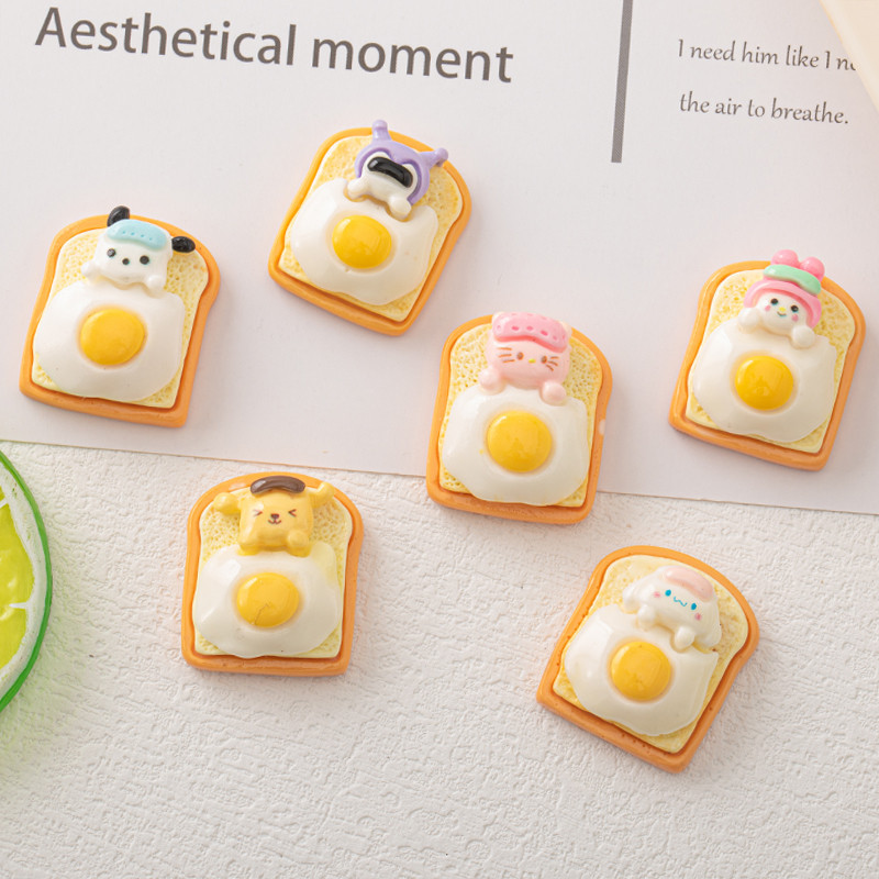 Nueva historieta Linda tostada de huevo frito animal DIY accesorios crema pegamento resina accesorios para el cabello horquilla Copa pegatinas al por mayor