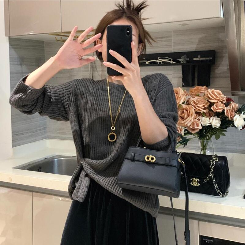 韩系设计感下摆提扣针织衫女秋季新款百搭简约休闲纯色毛衣高级感|undefined