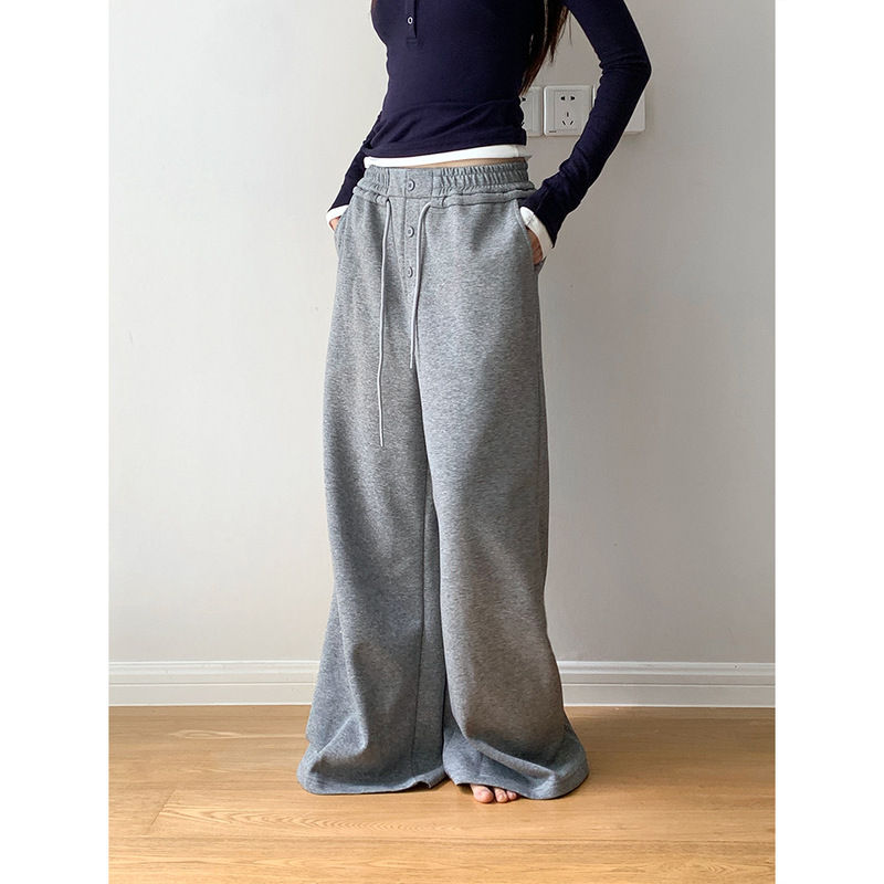 Dorothy South Korea Retro Fake Placket Straight Pants Women's Loose All-match Wide-leg Casual Pants with Loose Waist and Drawstring