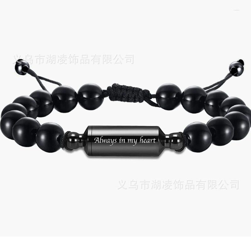 Cross-Border Black Beads Stainless Steel Urn Bracelet with DIY Name Engraving Commemorative Bracelet