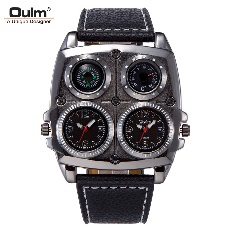 Oulm gran dial de moda casual reloj de los hombres gran dial doble zona horaria brújula decoración de los hombres reloj de cuarzo 1140 image 3