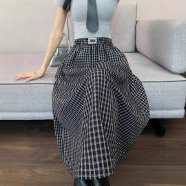 【含30%内棉】黑白格纹复古半身裙女薄款高腰宽松垂感显瘦中长裙