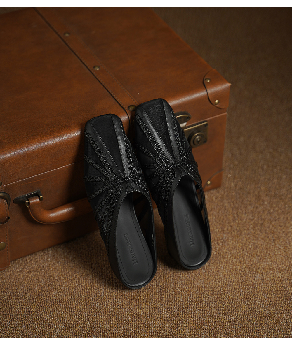 Dép sandal nữ mũi nhọn quai chữ V đế xuồng cao 7 cm, chất liệu lưới ren họa tiết hoa — đen chi tiết 13