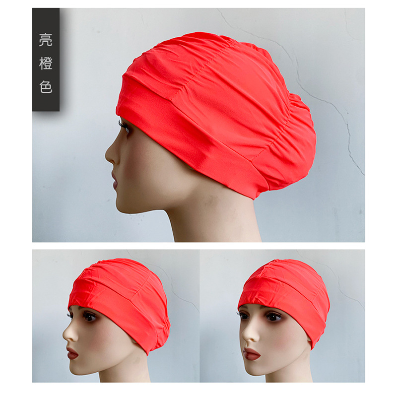 Fábrica al por mayor plisado paño gorro de natación extra grande circunferencia de la cabeza no apretado Pelo Largo oído protección natación caliente primavera unisex gorro de natación
