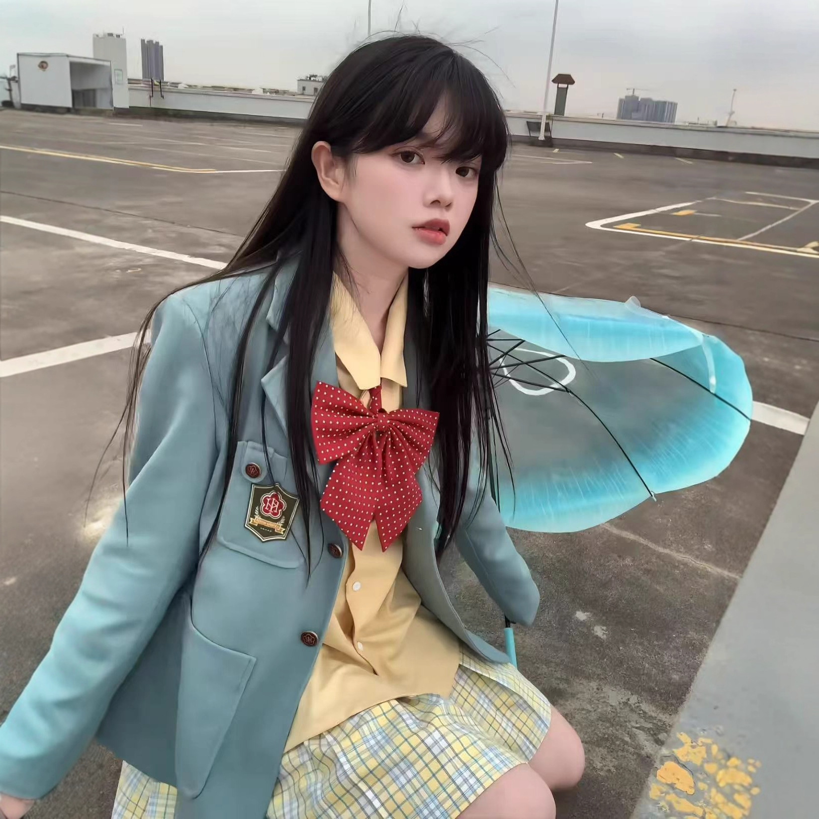 日系薄荷绿西装外套女jk制服鹅黄色衬衫学院风格纹百褶裙三件套装