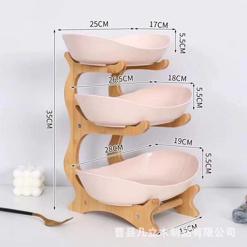 Plato de frutas creativo de tres capas y multicapa Plato de frutas secas de cerámica europea Plato de bambú y madera Plato de bocadillos para el hogar Bandeja de dulces Cesta de frutas