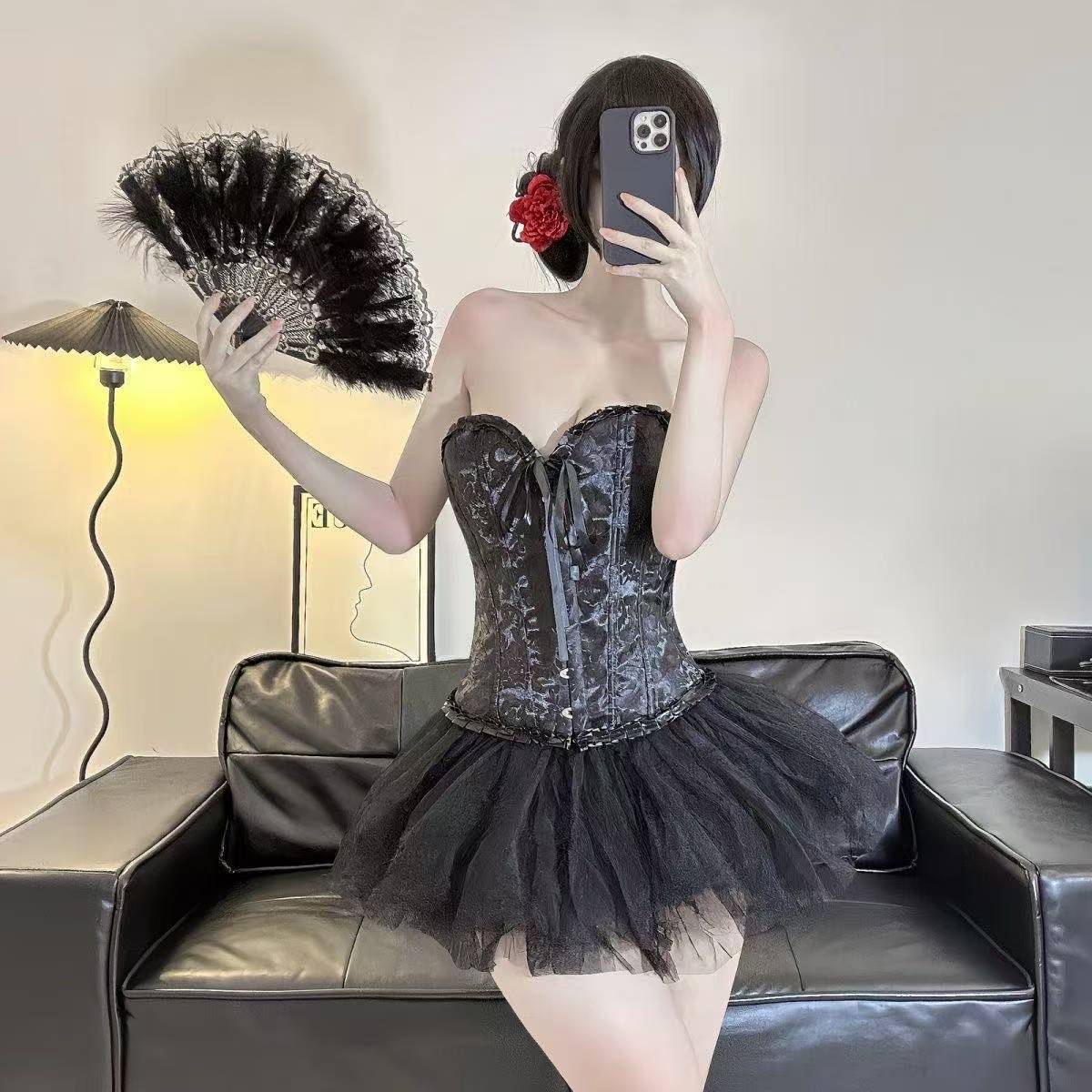 Retro Lace Tube Top Corset Vest, Palace-Style Push-Up Lingerie, Black One Size — detail image 3