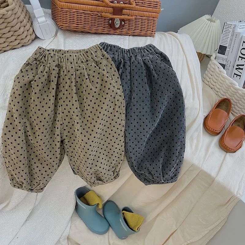 男童女童复古波点灯笼裤儿童圆点哈伦裤宽松萝卜长裤春秋0104A004