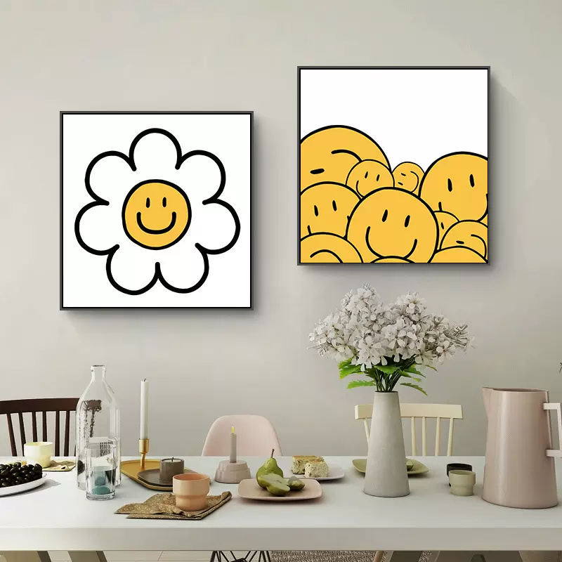 ins黄色笑脸装饰画北欧极简鞋柜摆画系卧室床头挂画小众壁画