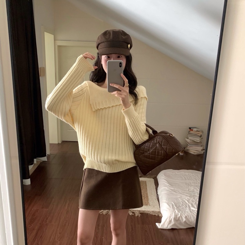 坑条一字肩打底毛衣女秋冬季大码胖mm百搭针织衫气质修身内搭上衣|undefined