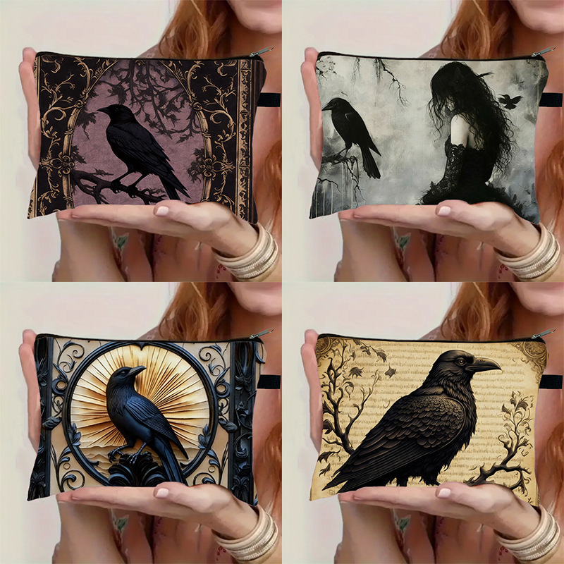 Cross-Border Amazon Gothic Style Retro Mysterious Black Crow Print Coin Purse Large Capacity Stain-Resistant Cosmetic Bag Storage Bag