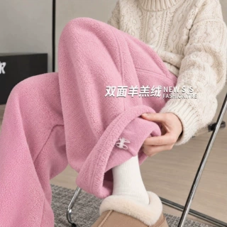 摇粒绒运动裤女裤秋冬新款加绒加厚卫裤小个子粉色休闲弯刀阔腿裤